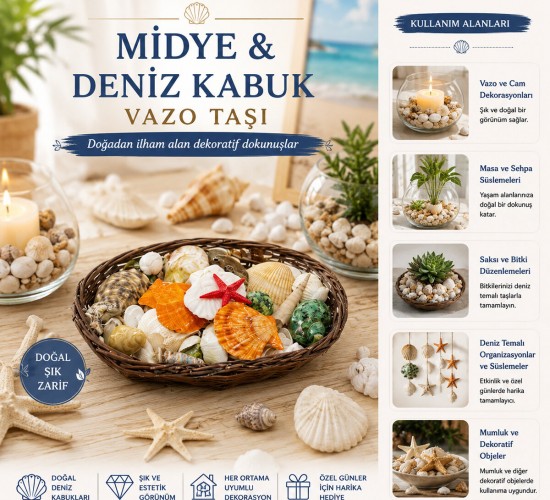 İBİCO İ12-247 ( OVAL AHŞAP SEPET ) ( RENKLİ MİX ) MİDYE & DENİZ KABUK VAZO TAŞI*56