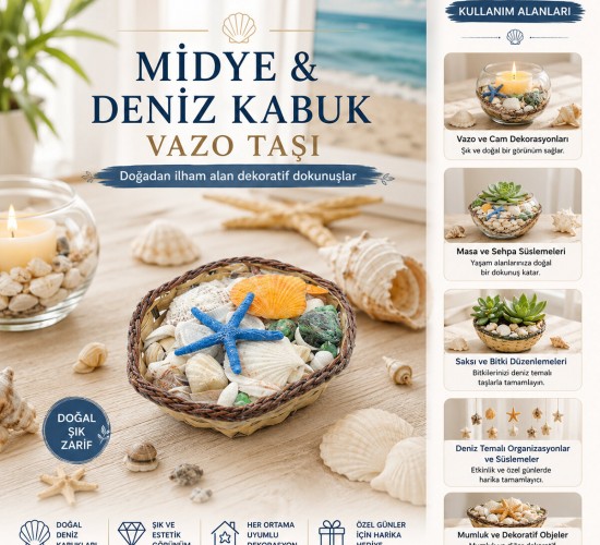 İBİCO İ12-248 ( KÜÇÜK & KARE & AHŞAP SEPETLİ ) ( RENKLİ MİX ) MİDYE & DENİZ KABUK VAZO TAŞI*72