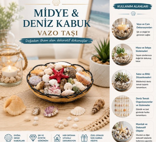 İBİCO İ12-249 ( AHŞAP YUVARLAK SEPET & FİLELİ ) ( RENKLİ MİX ) MİDYE & DENİZ KABUK VAZO TAŞI*40