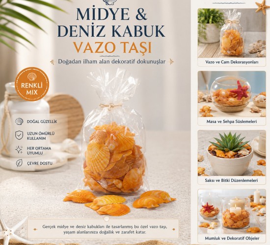 İBİCO İ12-252 ( POŞETLİ ) ( RENKLİ MİX ) MİDYE & DENİZ KABUK VAZO TAŞI*50