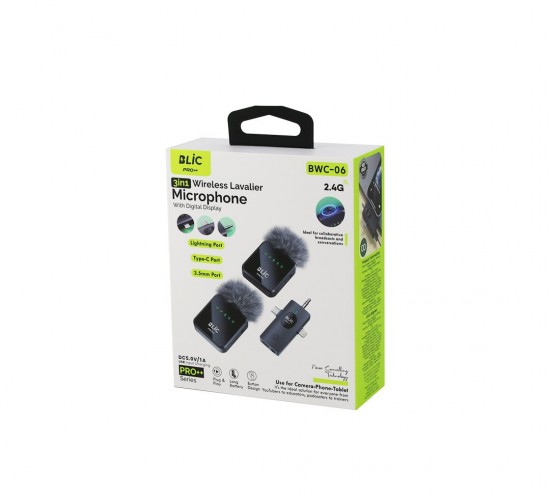 BLİC BWM-06 ( 3İN1 ) KABLOSUZ İKİLİ YAKA MİKROFON ( TÜYLÜ ) ( DİJİTAL EKRAN ) ( LİGHTNİNG - TYPE-C - 3.5MM GİRİŞ ) ( 5.0V / 1A )*50