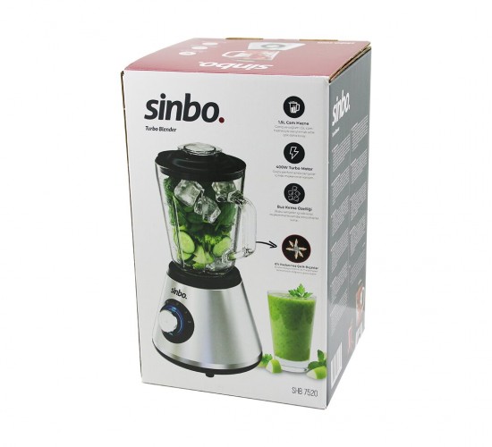 SİNBO SHB-7520 (TURBO) DOĞRAYICI BLENDER (BUZ KIRICI) (6LI BIÇAK=PASLANMAZ ÇELİK & 1.5LT CAM HAZNE) (2 KADEME HIZ) (400W) (18000 DEVİR/DK) (HAZNE=1.6LT)*4