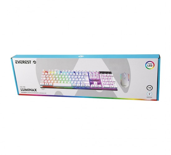 EVEREST LUMINAX KM-198 ( BEYAZ GÖKKUŞAĞI IŞIKLI ) ( USB KABLOLU ) OYUNCU KLAVYE & MOUSE SET*20