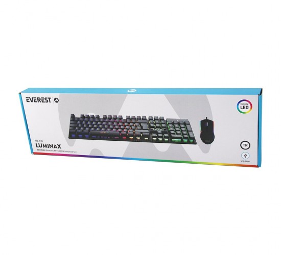 EVEREST LUNIMAX KM-198 ( SİYAH GÖKKUŞAĞI IŞIKLI ) ( USB KABLOLU ) OYUNCU KLAVYE & MOUSE SET*20