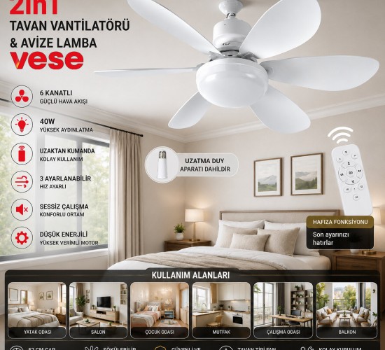 VESE VNT-005 (2İN1=TAVAN VANTİLATÖR & AVİZE LAMBA) (40W) ( KUMANDALI ) ( 6KNAT )*24