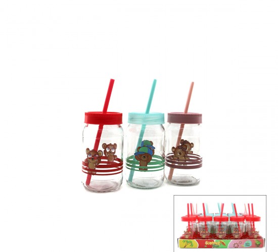 QLUX C-00558 TEDDY BEAR ( PİPETLİ  ) ( CAM ) BARDAK (AYICIK RESİMLİ) ( NO-2 ) ( 370CC ) ( RENKLİ PLASTİK KAPAK )*20=K