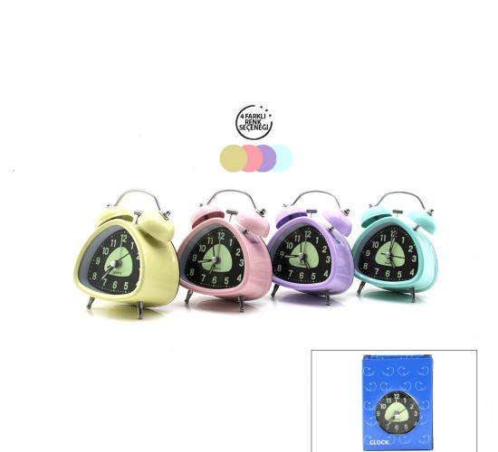 TWIN BELL ALARM CLOCK BGC-12 ÜÇGEN MASA ÇALAR SAAT ( METAL KASA RENKLİ ) ( PİLLİ & IŞIKLI ) ( FOSFORLU )*100