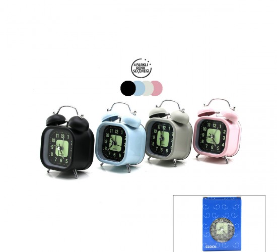 TWIN BELL ALARM CLOCK BGC-13 KARE MASA ÇALAR SAAT ( METAL KASA RENKLİ ) ( PİLLİ & IŞIKLI ) ( FOSFORLU )*100