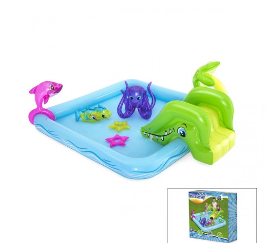 BESTWAY-53052 ( 308LT ) ŞİŞME HAVUZ &  MİNİ SU OYUN PARKI ( 1KAYDIRAK - 1YUNUS - 2PAYLANÇO BALIK - 1AHTAPOT - 2SİMİT ) ( 239X206X86CM )*3=K