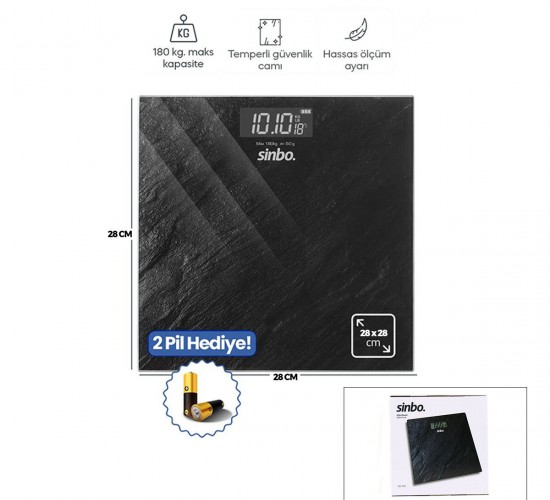 SİNBO SBS-4452 ( DİJİTAL & PİLLİ ) BANYO BASKÜL TERAZİ TARTI ( LCD EKRAN & SICAKLIK GÖSTERGE )( 180KG/50GR )( 28X28CM )*10