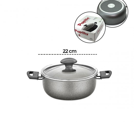 PAPİLLA FRED ( CASSEROLE ) ( 22 CM ) ( DERİN ) ( GRANİT TENCERE ) ( CAM KAPAK ) ( GRİ KIRÇILLI ) ( BRKT-712241 )*6=K