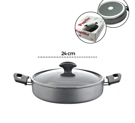 PAPİLLA FRED ( FLAT CASSEROLE ) ( 24 CM ) ( BASIK & KARNIYARIK & KISA ) ( GRANİT TENCERE ) ( CAM KAPAK ) ( GRİ KIRÇILLI ) ( BRKT-712265 )*6=K