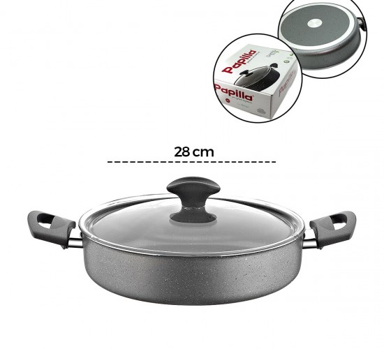 PAPİLLA FRED ( FLAT CASSEROLE ) ( 28 CM ) ( BASIK & KARNIYARIK & KISA ) ( GRANİT TENCERE ) ( CAM KAPAK ) ( GRİ KIRÇILLI ) ( BRKT-705687 )*6=K