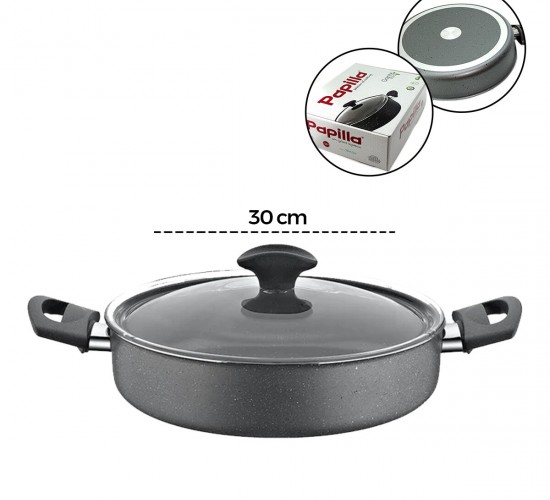 PAPİLLA FRED ( FLAT CASSEROLE ) ( 30 CM ) ( BASIK & KARNIYARIK & KISA ) ( GRANİT TENCERE ) ( CAM KAPAK ) ( GRİ KIRÇILLI ) ( BRKT-706127)*6=K