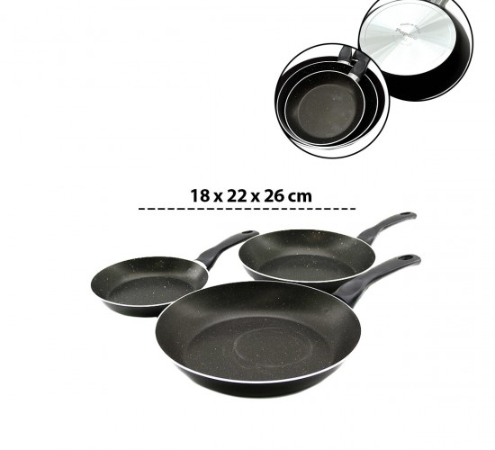 PAPİLLA ( RAGNAR ) ( 3PCS SET ) ( 18-22-26 CM ) ( TEFLON ) TAVA ( TEK SAPLI ) ( DIŞ TEFLON & İÇ TEFLON + KIRÇIL )*8=K
