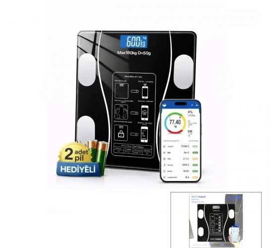 PLT POWER ( BLUETOOTH & VÜCUT ANALİZLİ ) DİJİTAL BASKÜL TERAZİ TARTI ( 180KG/50G ) ( YAĞ &SU &KAS ORAN &BMI )*20