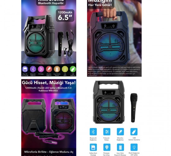 FANTASTİC QUALITY Q-MAX PS-1283 ( 6.5'' ) BLUETOOTH WİRELESS MİKROFONLU HOPARLÖR & SPEAKER ( USB SARJLI ) ( AUX & TF & USB)*18