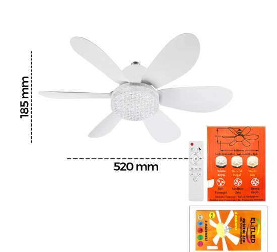 ELİTLED ( 2İN1=TAVAN VANTİLATÖR & AVİZE LAMBA) ( KUMANDALI ) ( 52CM ) ( SİNEK KOVUCU )( 6-BEYAZ PLASTİK KANAT ) ( 3-KADEME HIZ ) ( BEYAZ-SARI-DOĞAL IŞIK)*24