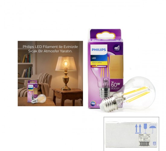PHILIPS CODE-777579 00 ( 7W=60W & E27 ) ( GOLD COLOR ) ( LED FİLAMENT & RUSTİK AMPUL ) LAMBA ( 806 LUMEN ) ( CAM GÖVDE )*4=K