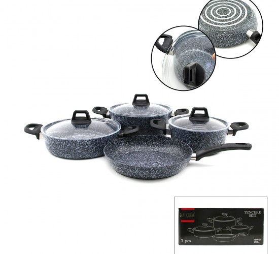 GAB ÇIRAĞAN ( GRİ ) ( 7 PARÇA ) GRANİT TENCERE & TAVA SETİ ( 20-24CM DERİN & 27CM BASIK CAM KAPAK TENCERE & 26CM TAVA)*1