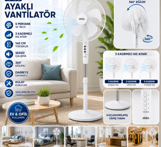 SİNBO SF-6789 ( BEYAZ ) ( 5 PERVANE & 16'' ) ( EV & OFİS ) ( KOMPAKT & SESSİZ & ÜÇ KADEME) ( 140CM YÜKSEKLİK ) AYAKLI VANTİLATÖR*1