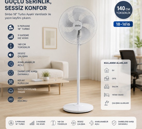SİNBO SF-6798 ( BEYAZ ) ( 5 PERVANE & 18'' ) ( EV & OFİS ) ( KOMPAKT & SESSİZ & ÜÇ KADEME) ( 140CM YÜKSEKLİK ) AYAKLI VANTİLATÖR*1