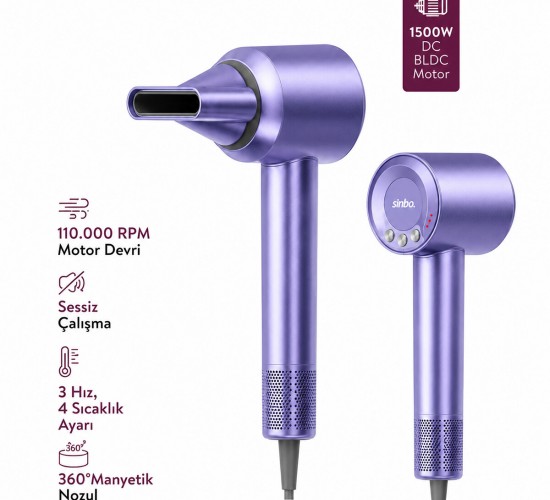 SİNBO SHD-1740 ( MAVİ ) (BLDC TURBO MOTOR) SAÇ KURUTMA MAKİNESİ (1500W)(3-KDM.HIZ)(4-KDM.ISIAYAR=SICAK-ILIK-HAFİF-SOĞUK)*8