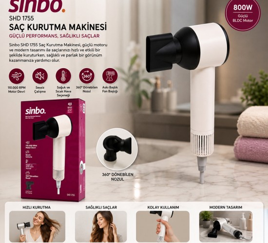 SİNBO SHD-1755 ( BEYAZ ) SAÇ KURUTMA MAKİNESİ ( 110.000 RPM ) ( SESSİZ ÇALIŞMA & 3 HIZ - SICAKLIK AYAR )*6