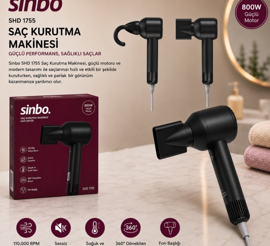 SİNBO SHD-1755 ( SİYAH ) SAÇ KURUTMA MAKİNESİ ( 110.000 RPM ) ( SESSİZ ÇALIŞMA & 3 HIZ - SICAKLIK AYAR )*6
