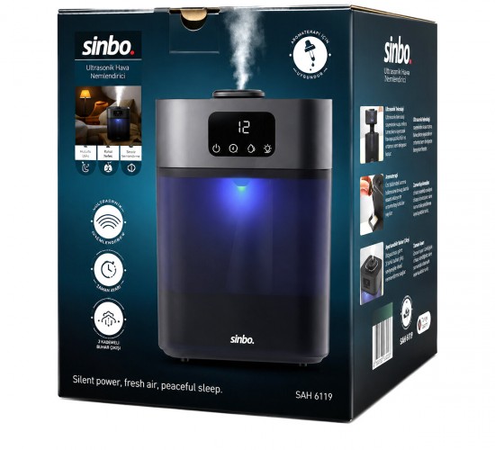 SİNBO SAH-6119 ( SİYAH ) ( SESSİZ ÇALIŞMA ) (3 KADEMELİ BUHAR AYAR ) ( 5.5LT SU HAZNE & 7 RENK GECE LAMBA ) ULTRASONİK HAVA NEMLENDİRİCİ*4