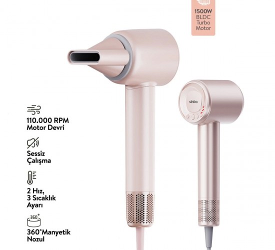 SİNBO SHD-1737 (PEMBE) (BLDC TURBO MOTOR) SAÇ KURUTMA & ŞEKİL MAKİNESİ (1500W)(2-KDM.HIZ)(3-KDM.ISIAYAR=SICAK-ILIK-SOĞUK)*8