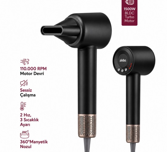 SİNBO SHD-1739 (GRİ) (BLDC TURBO MOTOR) SAÇ KURUTMA & ŞEKİL MAKİNESİ (1500W)(3-KDM.HIZ)(4-KDM.ISIAYAR=SICAK-ILIK-HAFİF-SOĞUK)*8