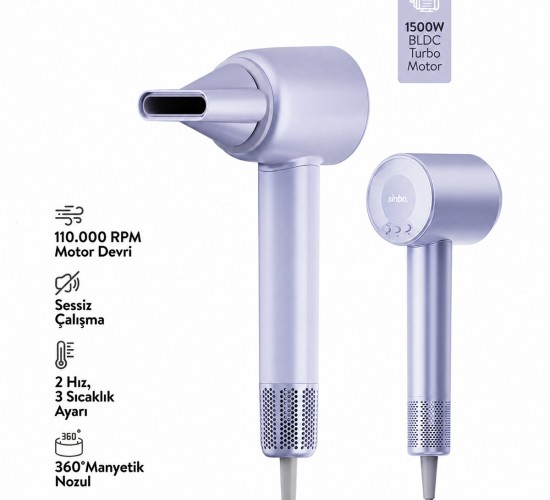 SİNBO SHD-1739 (MAVİ) (BLDC TURBO MOTOR) SAÇ KURUTMA & ŞEKİL MAKİNESİ (1500W)(3-KDM.HIZ)(4-KDM.ISIAYAR=SICAK-ILIK-HAFİF-SOĞUK)*8