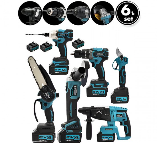 PROFESYONEL ASR-1111 ( 6PCS ) ( USTA ELEKTRİKLİ ALET SETİ ) ( ŞARJLI=21V) ( SPRAL TAŞLAMA & HİLTİ & BAĞ MAKAS & SOMUN SÖKME & DARBELİ VİDALAMA & BUDAMA TESTERE ) PLASTİK ÇANTAL*1