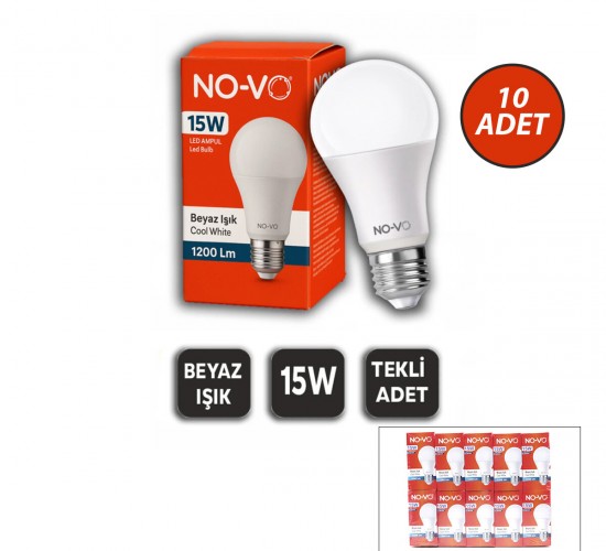 NO-VO ( 15W ) ( BEYAZ ) LED AMPUL (1200LM ) ( 6500K ) (15.000 SAAT ÖMÜR)*10X20