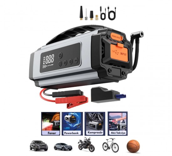 YAGE YG-898 ÇOK FONKSİYONLU OTO & ARAÇ TAKVİYE SET TAŞINABİLİR 120W ( DİJİTAL EKRAN ) ( POWERBANK ÖZELLİK & FENER & COB & PUSULA )*16