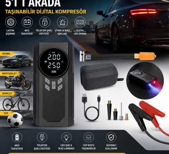 YAGE KA-841 ( 4IN1 ) AKÜ TAKVİYELİ KOMPRESÖRLÜ HAVA POMPASI ( DİJİTAL EKRAN ) ( 12V ) ( AKÜ TAKVİYE & LASTİK ŞİŞİRME & POWERBANK & FENER )*20