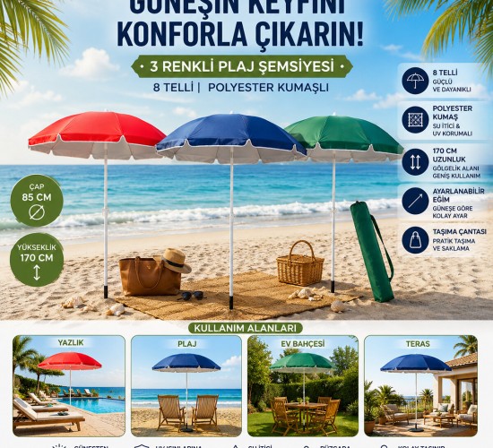 SKYBELT SKY-122 ( 170CM SAPLI ) ( ÇAP: 85*85CM ) ( DÜZ - TEK RENK ) PLAJ ŞEMSİYESİ ( 8TELLİ & FIBERGLASS ) ( POLYESTER KUMAŞ )*24=K