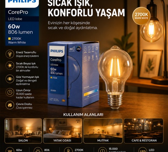 PHILIPS-346772 00 COREPRO G93 ( 2700K & E27 ) ( 7W = 60W & E27 ) ( LED FİLAMENT & RUSTİK AMPUL ) LAMBA ( 806 LUMEN ) ( CAM GÖVDE )*6=K
