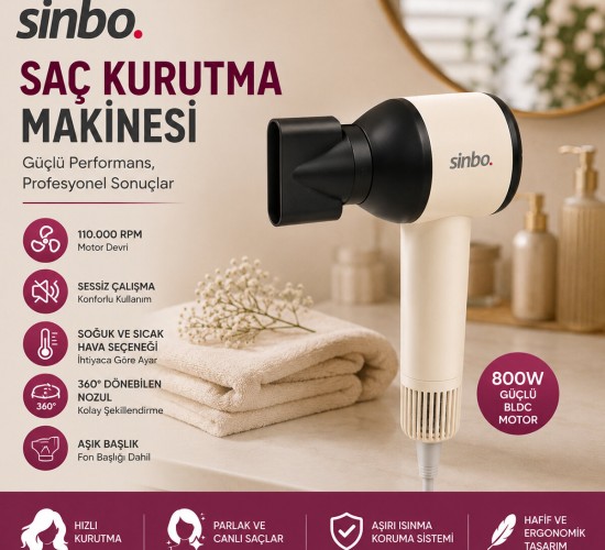 SİNBO SHD-1755 ( PEMBE ) SAÇ KURUTMA MAKİNESİ ( 110.000 RPM ) ( SESSİZ ÇALIŞMA & 3 HIZ - SICAKLIK AYAR )*6