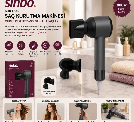 SİNBO SHD-1755 ( GRİ ) SAÇ KURUTMA MAKİNESİ ( 110.000 RPM ) ( SESSİZ ÇALIŞMA & 3 HIZ - SICAKLIK AYAR )*6