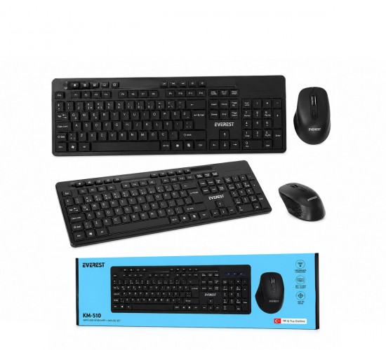 EVEREST KM-510 ( KABLOSUZ ) MULTİMEDİA KLAVYE & MOUSE SETİ ( SİYAH ) ( Q KLAVYE )*10