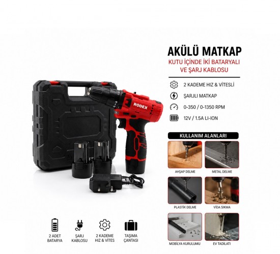 RODEX RDX-3322 ( 2 KADEME HIZ & VİTESLİ ) ( ŞARJLI ) MATKAP ÇİFT BATARYA  ( 0-350 / 0-1350 RPM ) ( 12V / 1.5A LI-ION )*10