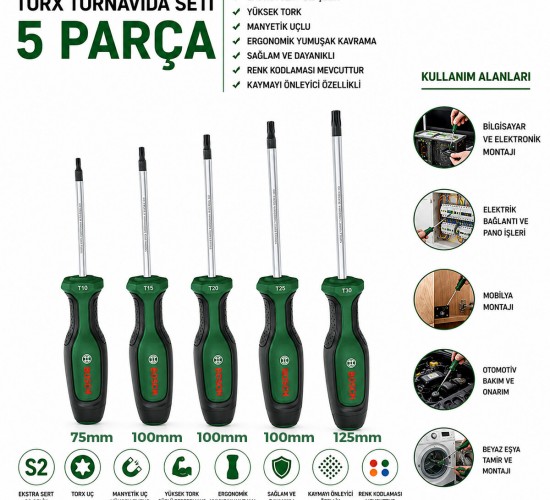 BOSCH-1 600 A02 BX6 ( 524 )( 5PCS ) TORX TORNAVİDA SETİ ( TX10-15-20-25-30 X 75-100-100-100-125MM )*1