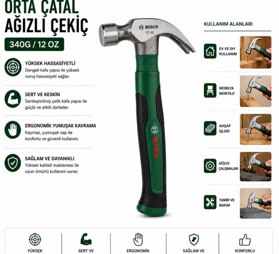 BOSCH-1 600 A02 W7X ( 429 ) ORTA ÇATAL ÇEKİÇ ( 12OZ ) 24CM ( ERGONAMİK YUMUŞAK SAP )*6X1