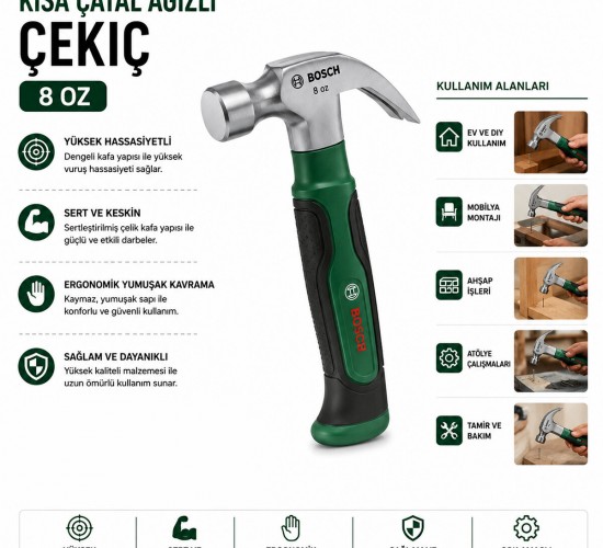 BOSCH-1 600 A02 ZA3 ( 431 ) KISA ÇATAL ÇEKİÇ ( 8OZ ) 16CM ( ERGONAMİK YUMUŞAK SAP )*6X1