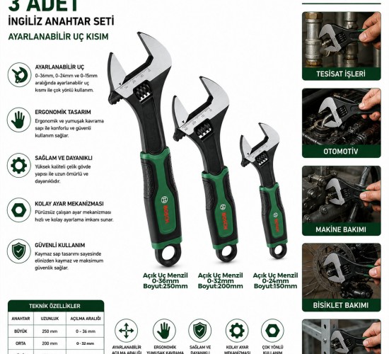 BOSCH-1 600 A03 9HR ( 527 ) ( 3PCS ) İNGİLİZ ANAHTAR & KURBAĞACIK SETİ ( 6