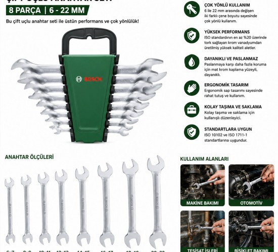 BOSCH-1 600 A03 HM8 ( 531 ) ( 8PCS ) AĞZI AÇIK ANAHTAR SETİ ( 6/7 - 8/9 - 10/11 - 12/13 - 14/15 - 16/17 - 18/19 - 20/22 )*1