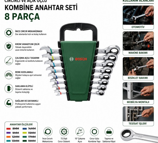 BOSCH-1 600 A02 7PS ( 530 ) ( 8PCS ) ( KOMBİNE ) ( 8-19MM ) ANAHTAR TAKIMI SET ( PLASTİK STAND & TAŞIMA APARATLI )*1