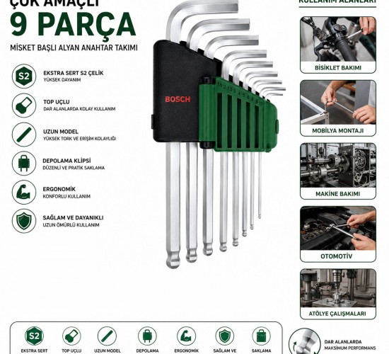BOSCH-1 600 A03 2V1 ( 527 ) ( 9PCS ) ( KROM ) ( UZUN & DÜZ ) ALYAN ( ALLEN ) ANAHTAR TAKIMI*6X1